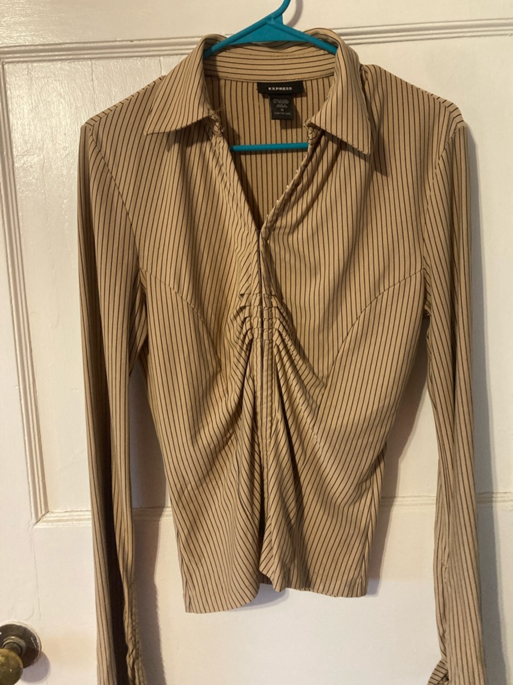 Express Beige Pinstripe Ruched-Front Button Down Shirt